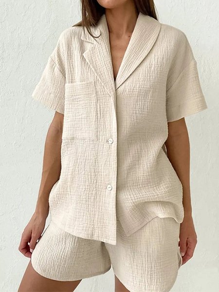 Casual Plain Loose Two-Piece Set, Beige, Suit Set