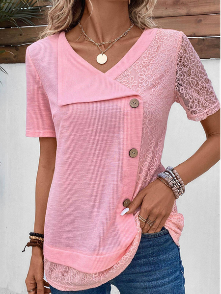 Women Casual Plain Loose Button Floral Short Sleeve Blouse, Pink, Blouses & Shirts