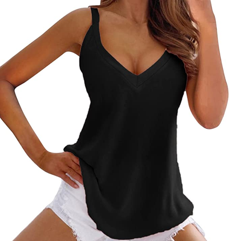 Women Plain Casual Sleeveless V Neck Summer Tank Top, Black, Tank Tops & Camis