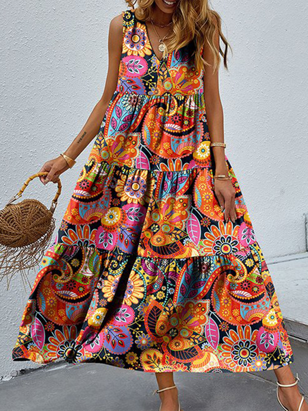 Loose Floral Casual V Neck Dress, Orange, Dresses
