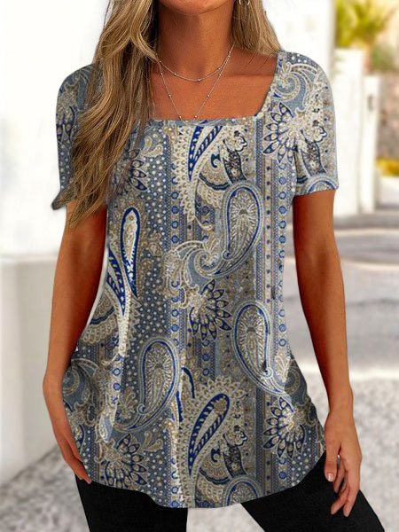 Casual Ethnic Cashew Flower Design Square Neck Knit T-Shirt, Gray, T-Shirts
Casual Ethnic Cashew Flower Design Square Neck Knit T-Shirt, Gray, T-Shirts