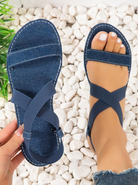 Women Denim Blue Crossover Strap Fastener Slingback Sandals, Sandals & Slippers