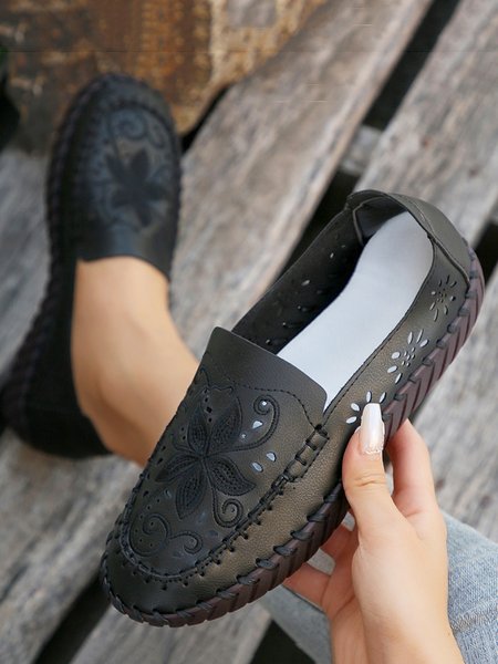 

Floral Embroidery Breathable Hollow out Loafers, Black, Flats & Loafers