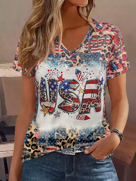 Women's V Neck Cotton-Blend America Flag Casual T-Shirt, Crimson, T-shirts