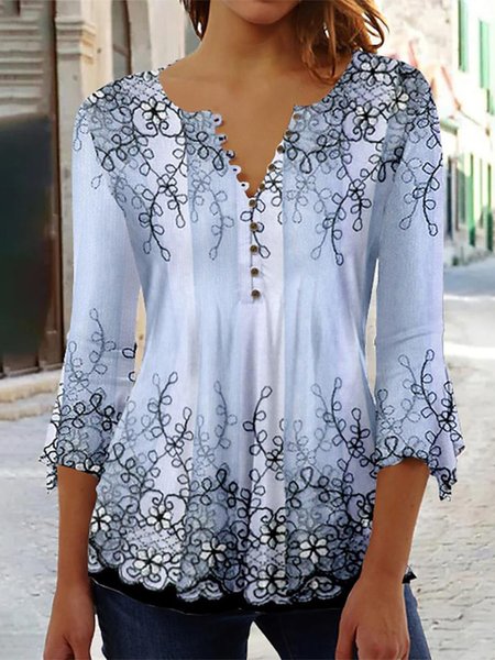 Notched Regular Fit Casual Floral Shirt, Blue, Shirts & Blouses
