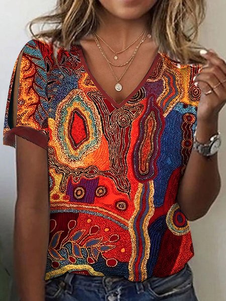 Casual Ethnic Loose Knit T-Shirt, Red, Shirts & Blouses