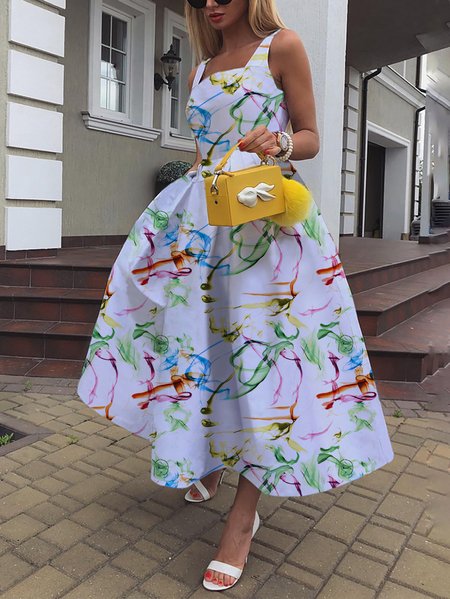Elegant Abstract Stripes Regular Fit Square Neck Dress, White, Maxi Dresses