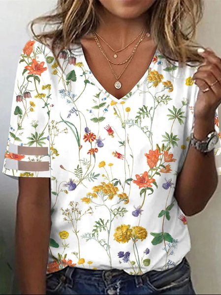 Floral Casual V Neck Loose T-Shirt, White, T-Shirts