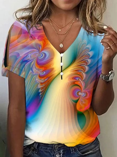 Loose V Neck Ombre Casual T-Shirt, Yellow, T-Shirts