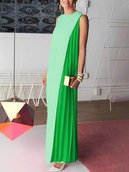Elegant Regular Fit Crew Neck Maxi Dress With No Belt, Green, Maxi Dresses