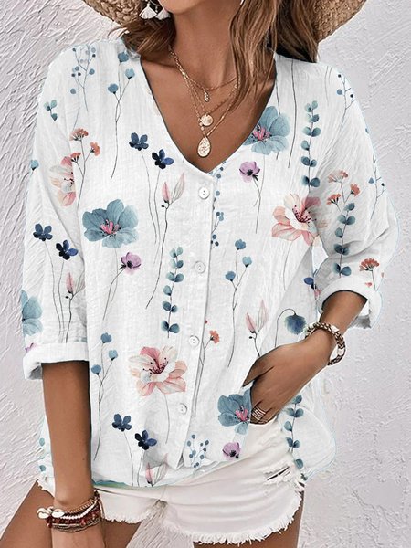 Floral Buttoned Loose Casual Blouse, White, Shirts & Blouses
