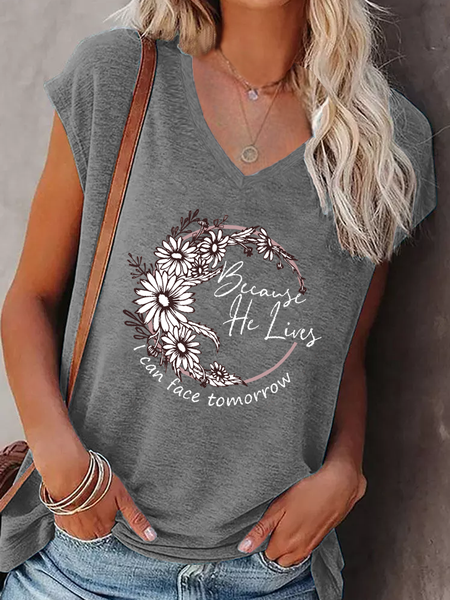 Women's Because He Lives Daisy Simple Tank Top, Gray, Tank Tops