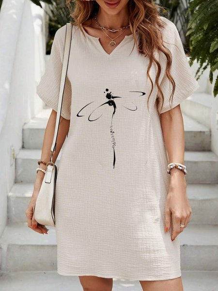 

Loose Cotton Casual Dragonfly Dress, Apricot, Dresses