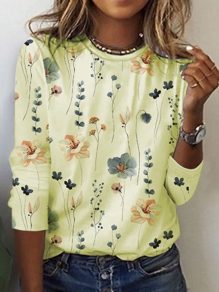 Country Floral Casual Crewneck Knit T-Shirt, Yellow, Long sleeves
