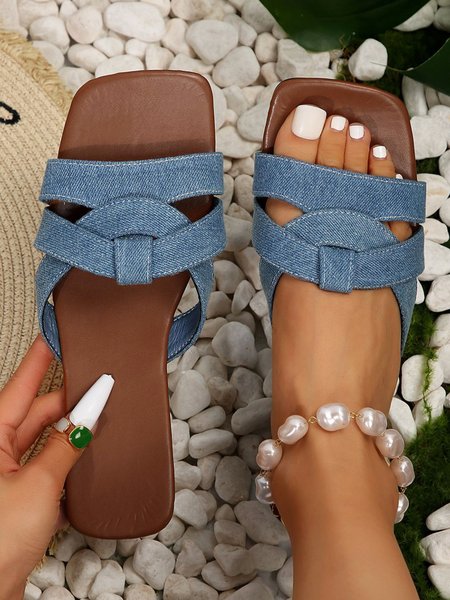 Casual Denim Blue Braided Square Toe Slide Sandals, Sandals & Slippers