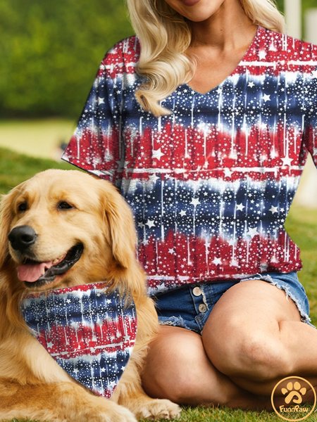 Women's Loose Casual Crew Neck America Flag Matching T-Shirt, Blue, T-shirts