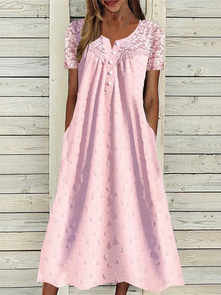 Casual Loose Lace Crew Neck Dress, Pink, Dresses