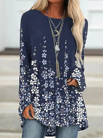 Loose Crew Neck Floral Casual T-Shirt, Blue, T-Shirts