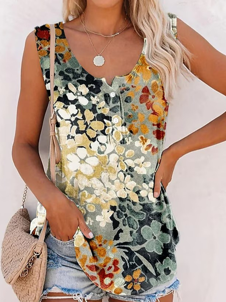 

V Neck Loose Casual Floral Tank Top, Blue, Tanks & Camis