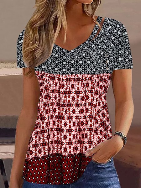Polka Dots V Neck Casual T-Shirt, Red, T-Shirts