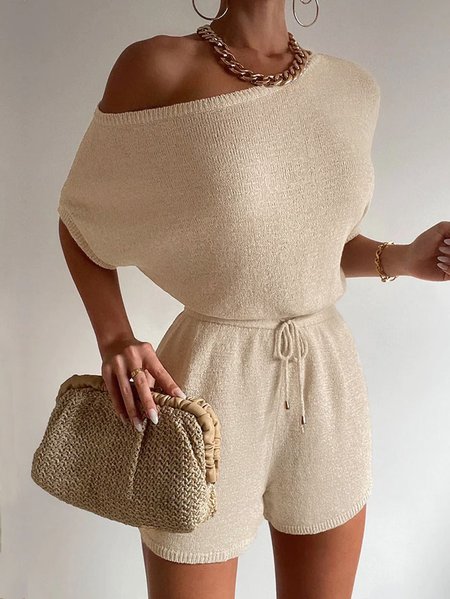 Plain Casual Cold Shoulder Jumpsuit, Apricot, Jumpsuits