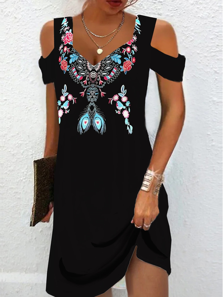 Casual Ethnic Loose V Neck Dress, Black, Dresses