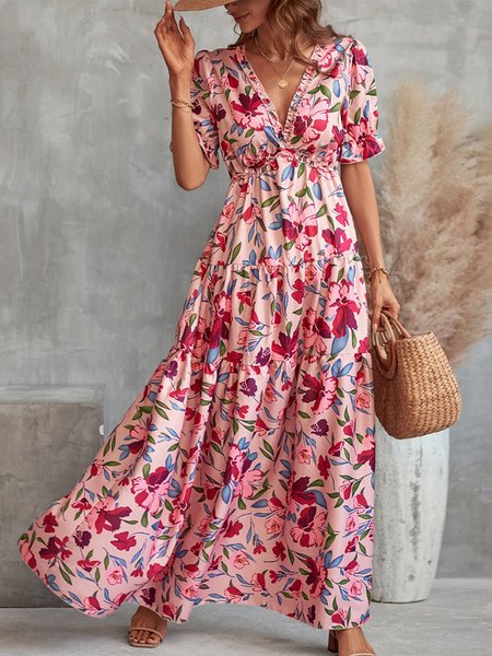 Elegant V Neck Ruched Floral Vacation Dress, Red, Dresses