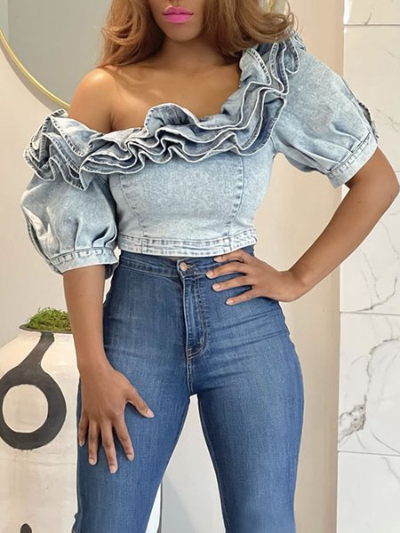 Regular Fit Denim Urban Plain Denim Top, Light blue, Tops