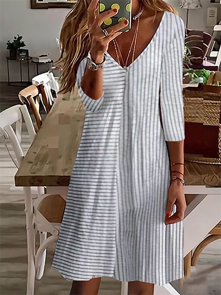 Casual V Neck Abstract Stripes Loose Dress, Gray, Mini Dresses