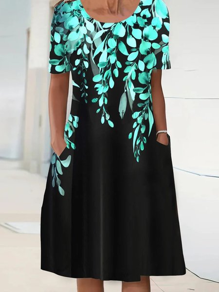 Crew Neck Loose Casual Floral Dress, Black, Dresses