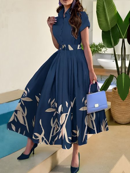 

Elegant Floral Shirt Collar Regular Fit Dress With Belt, Purplish blue, Midi Dresses