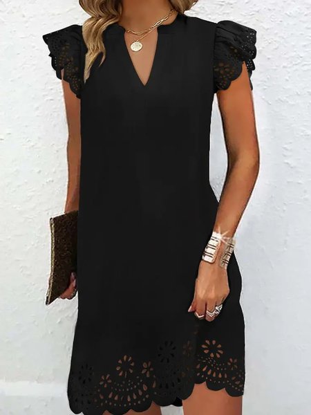V Neck Casual Plain Loose Dress, Black, Dresses