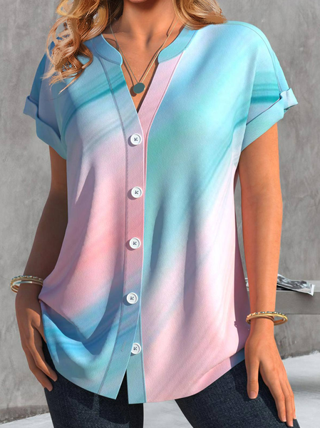 Casual Loose Stand Collar Gradient Pattern Blouse, Pink, Shirts & Blouses
