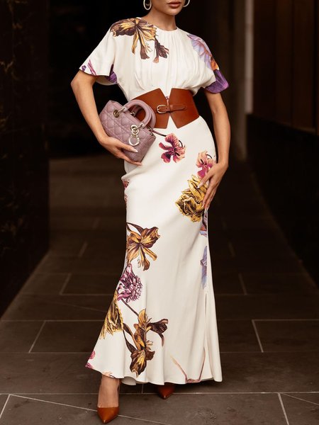 Elegant Crew Neck Regular Fit Floral Dress With No Belt, White, Maxi Dresses