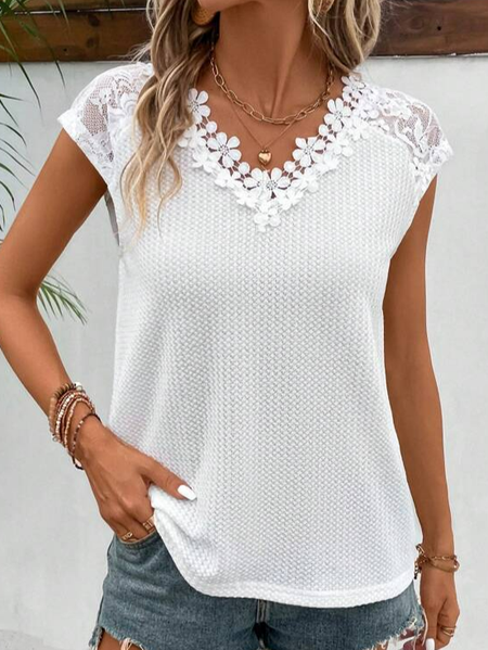 Loose Casual V Neck Lace Shirt, White, Shirts & Blouses