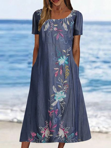 Floral Casual Crew Neck Loose Dress, Blue, Dresses