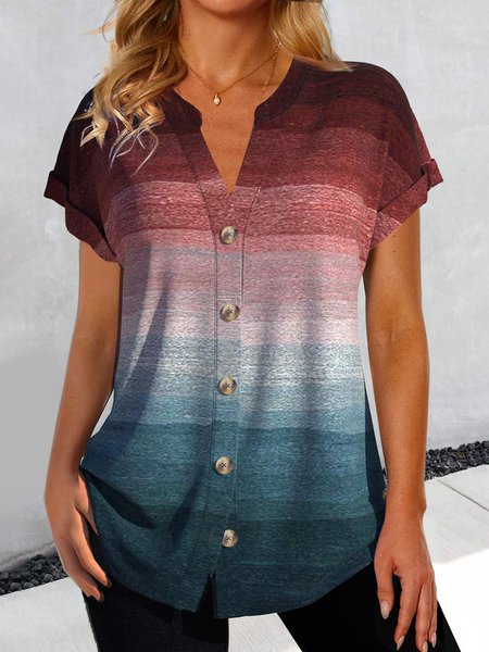 Loose Ombre Buckle Casual Shirt, Blue, Shirts & Blouses