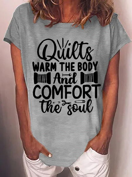 Women's Quilts Warm The Body Cotton-Blend Crew Neck Casual T-Shirt, Gray, T-shirts