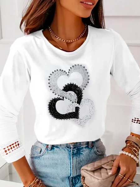Heart/Cordate Crew Neck Casual T-Shirt, White, T-Shirts