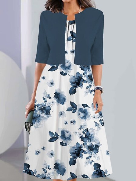Crew Neck Elegant Loose Floral Two-Piece Set, Blue, Suit Set