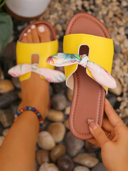 Tropical Plant Graphics Bowknot Vacation Beach Sandals, Yellow, Sandals & Slippers