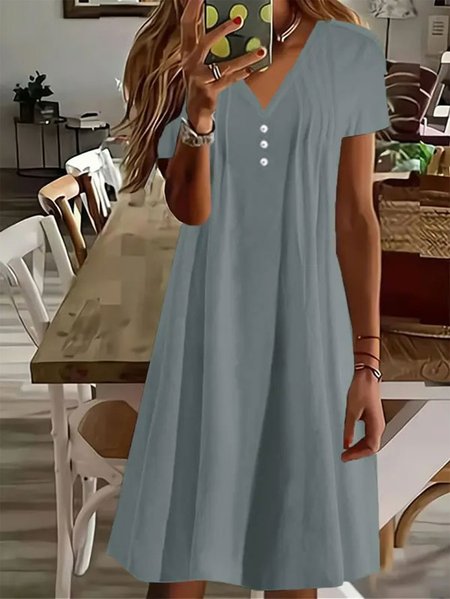 Casual V Neck Ruched Dress, Gray, Dresses