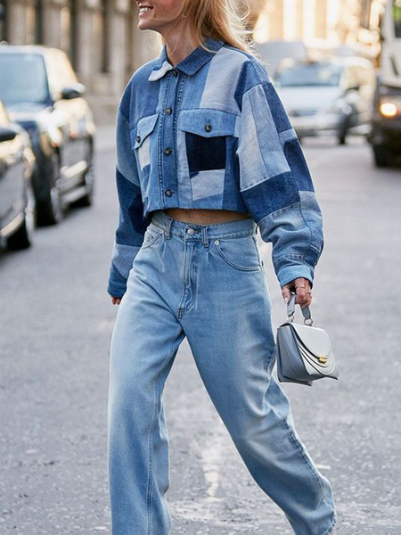 Casual Geometric Regular Fit Jacket, Denim blue, Jackets