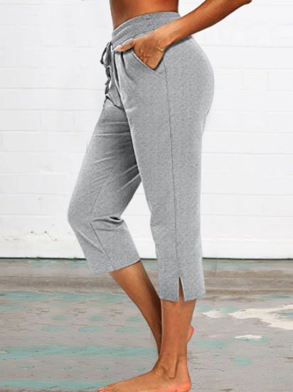 Drawstring Knitted Casual Pants, Gray, Pants
