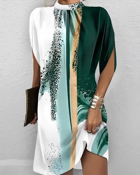 Half Turtleneck Casual Abstract Dress, Green, Dresses