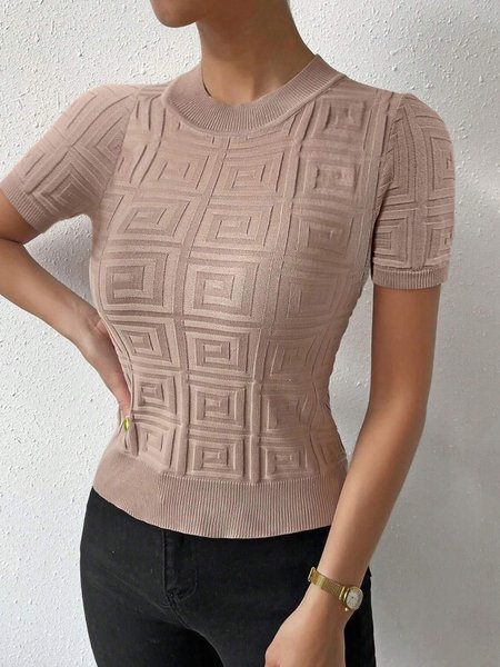 Urban Letter Pattern Crew Neck Knit Top, Apricot, Pullovers