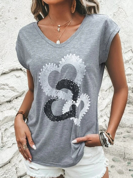 Casual V Neck Heart/Cordate T-Shirt, Gray, T-Shirts