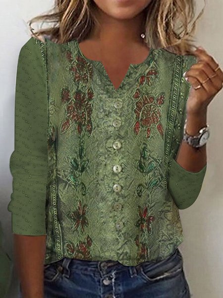 Loose Ethnic Casual V Neck T-Shirt, Green, T-Shirts