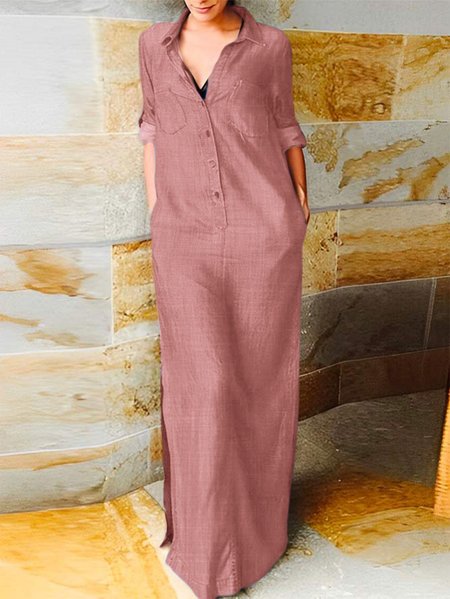 Faux Denim Shirt Collar Casual Loose Denim Dress, Deep pink, Shirt Dresses