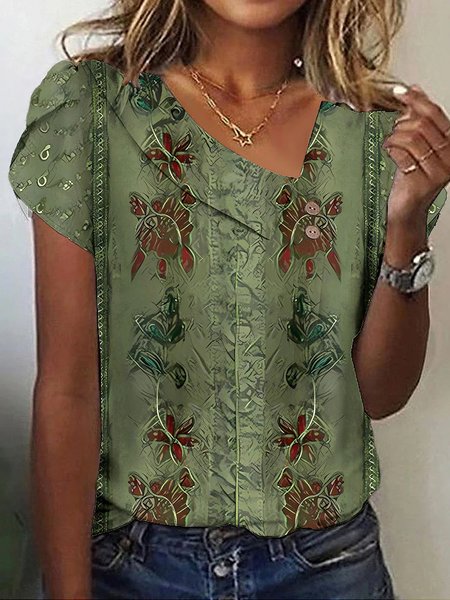 Floral Asymmetrical Collar Loose Casual T-Shirt, Green, T-Shirts